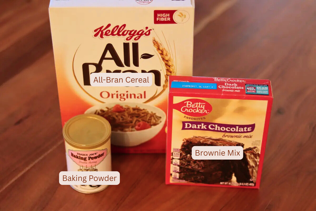 Labeled ingredient photo for high fiber brownies containing: All Bran cereal, brownie mix, and baking powder. 