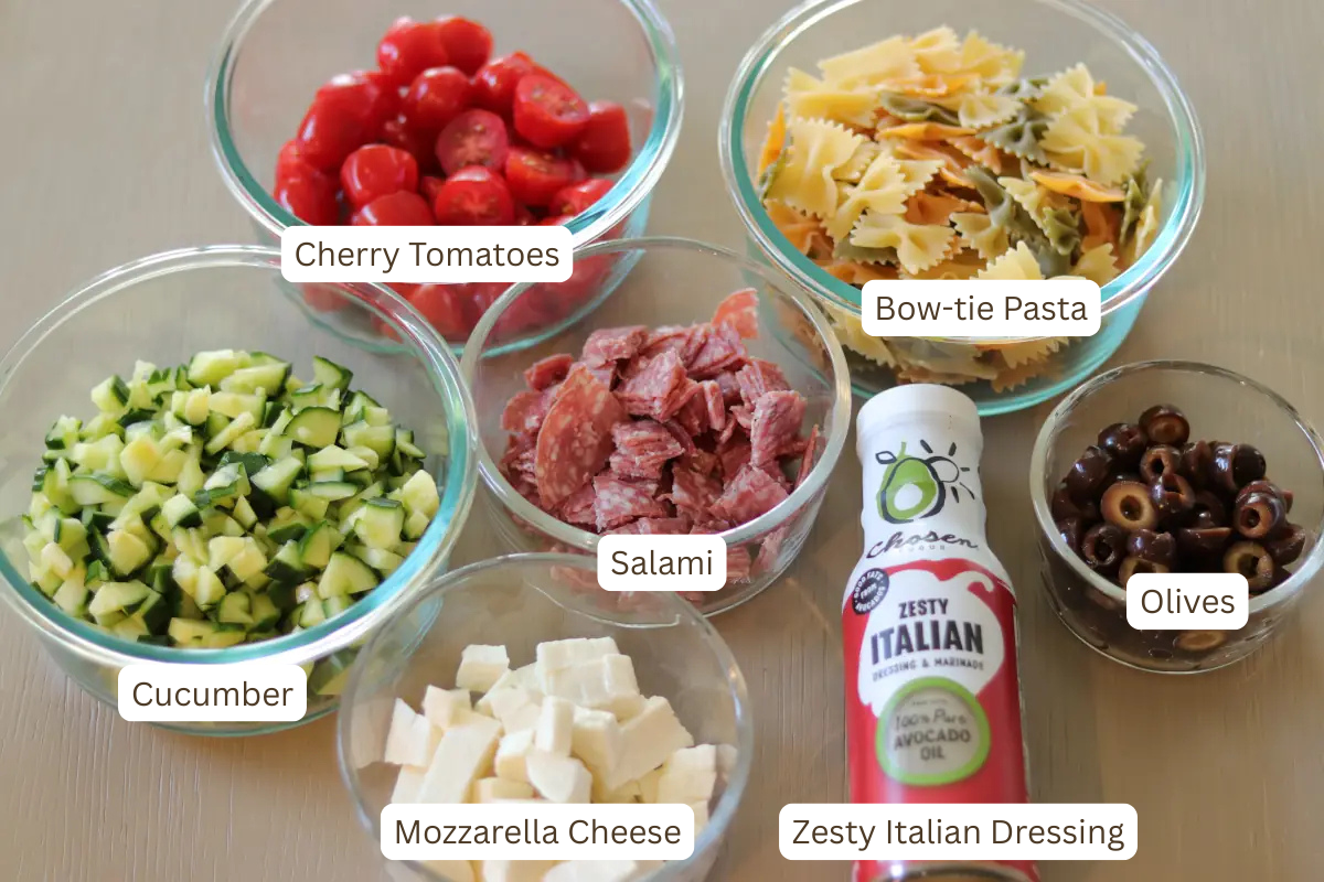 A few of the ingredients needed for the zesty Italian pasta salad.