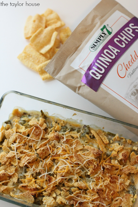 Delicious and easy to make Green Bean Casserole topped with Cheddar Chips!