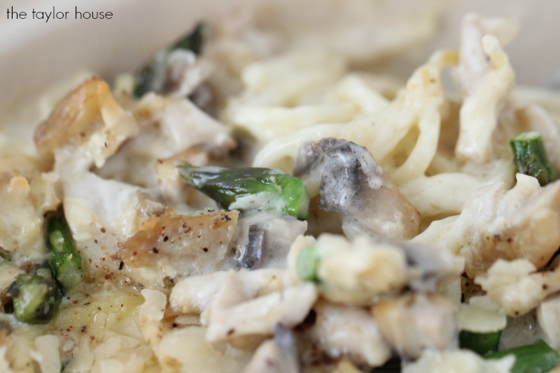 Delicious Chicken Tetrazzini Casserole with a creamy homemade sauce!