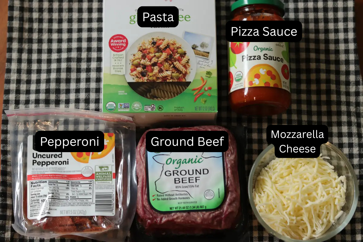 Ingredient photo for pizza pasta casserole.