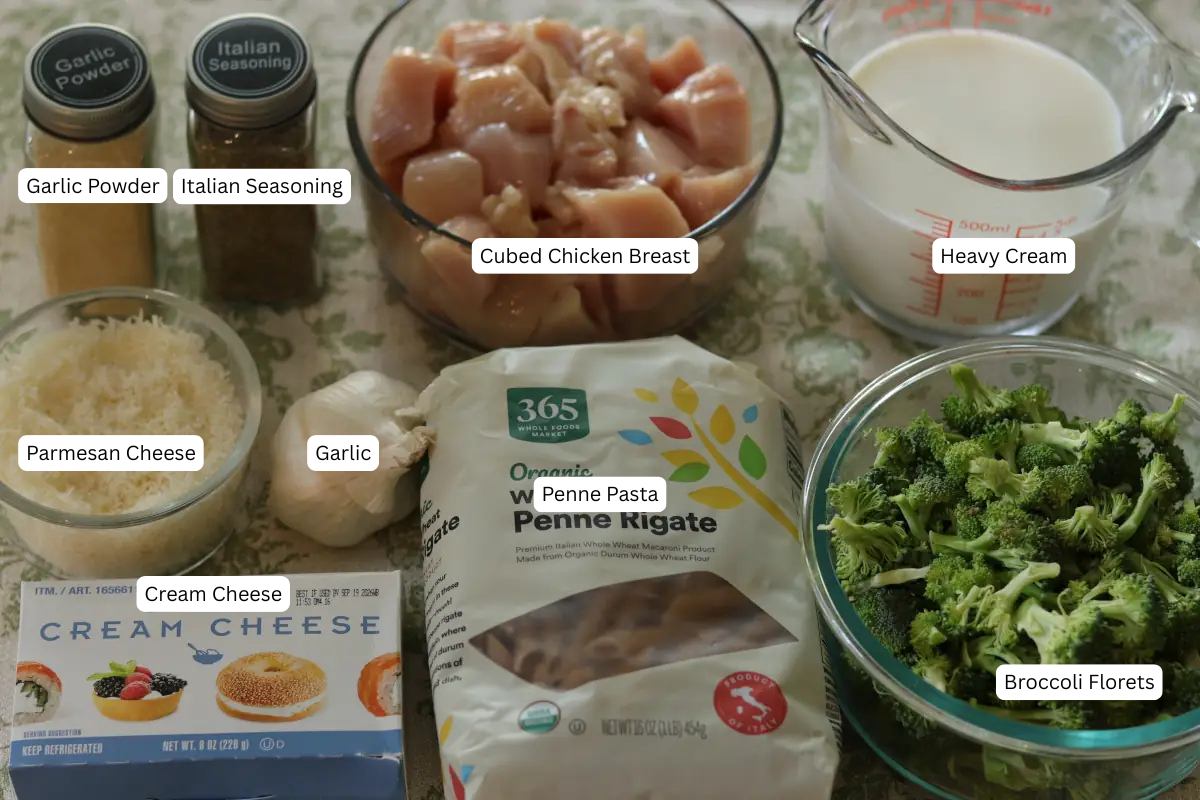 A photo of the ingredients for chicken broccoli alfredo.
