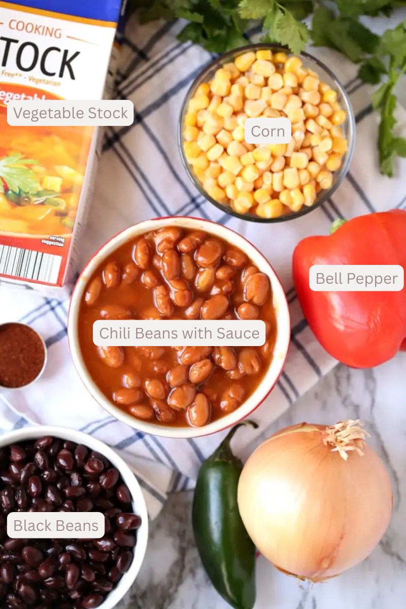 labeled ingredient photo for slow cooker enchilada chili. 
