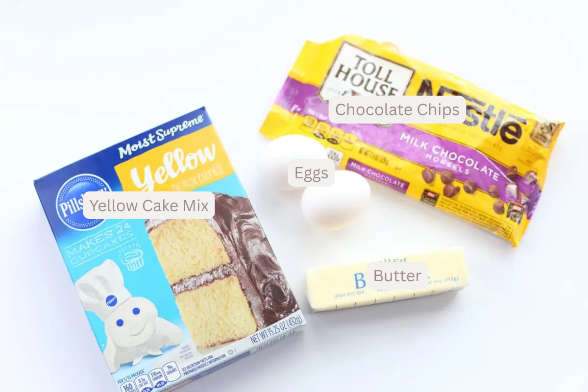 Labeled ingredient photo for cake mix chocolate chip cookies bars, containing yellow cake mix, eggs, butter, and chocolate chips.