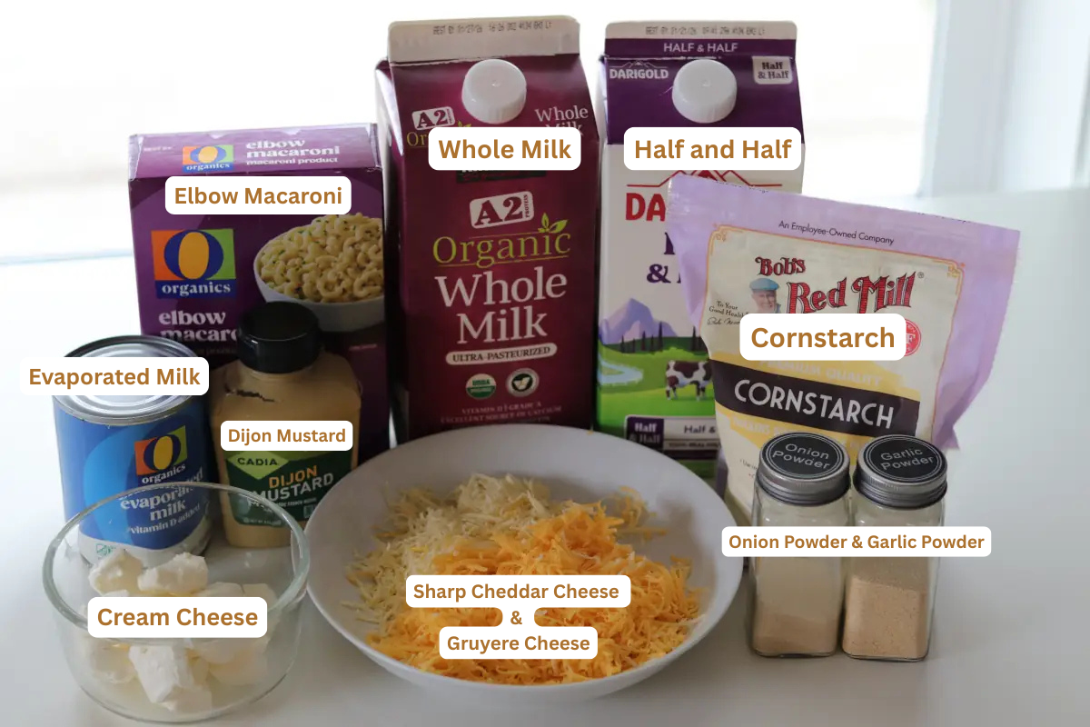 Ingredients for crockpot mac and cheese.