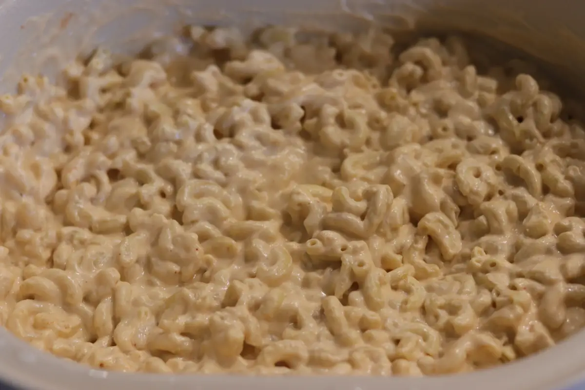Crockpot mac and cheese after it is done cooking in the crockpot.