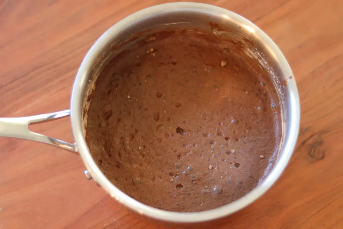 Cocoa powder, cornstarch, sugar, salt, and water, combined in a saucepan.