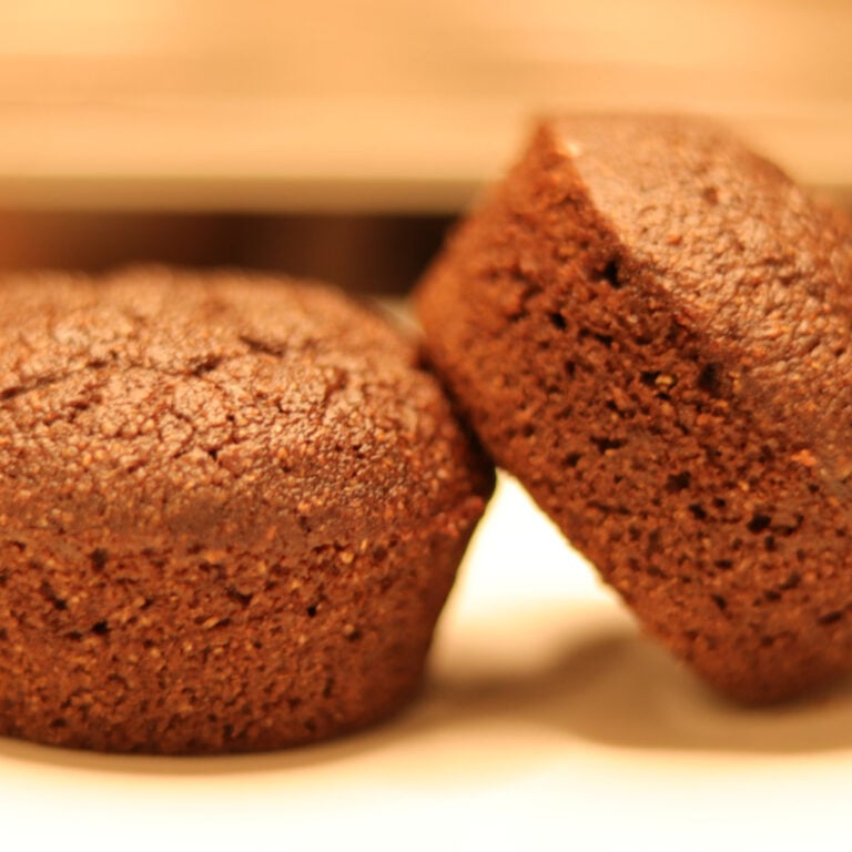 two high fiber brownies stacked on top of one another.
