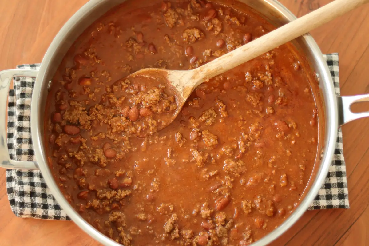 4 ingredient chili simmering in a pan.