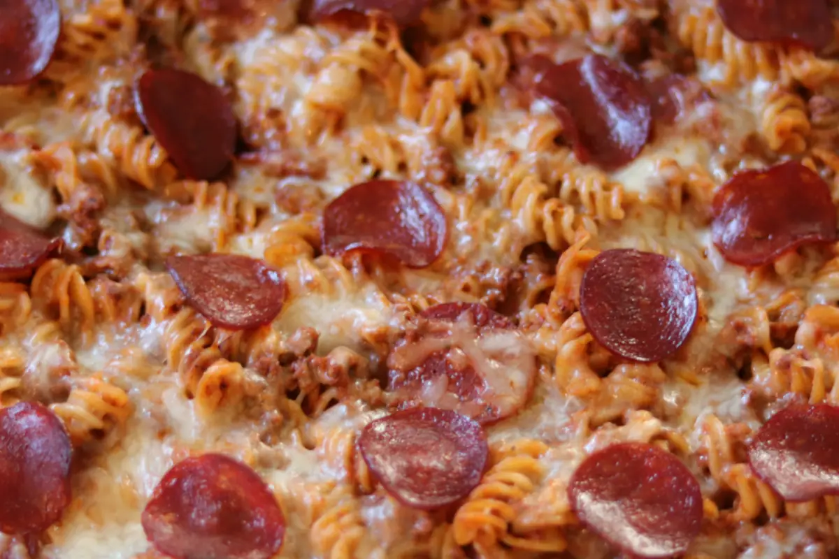 Baked pizza pasta casserole.