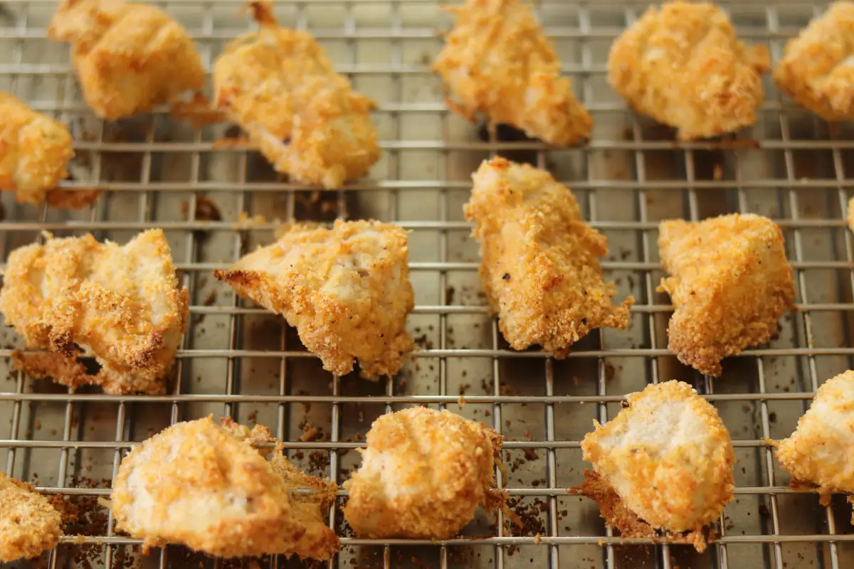 Chicken nuggets after they have been baked.
