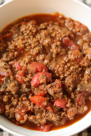 Low Carb Chili served in a white bowl.