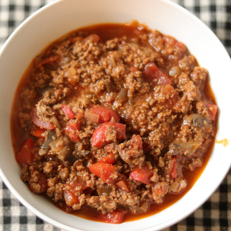Low Carb Chili served in a white bowl.