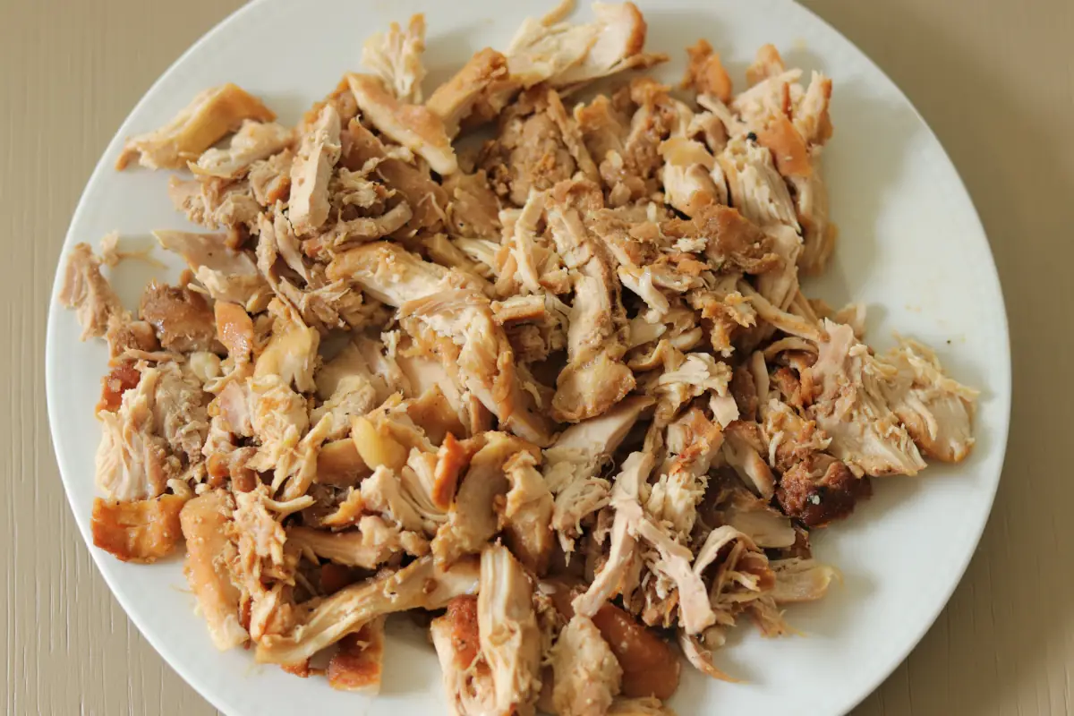 Shredded chicken on a white plate.