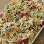 chicken pasta salad on a serving platter.