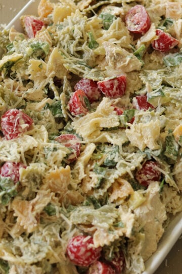 chicken pasta salad on a serving platter.