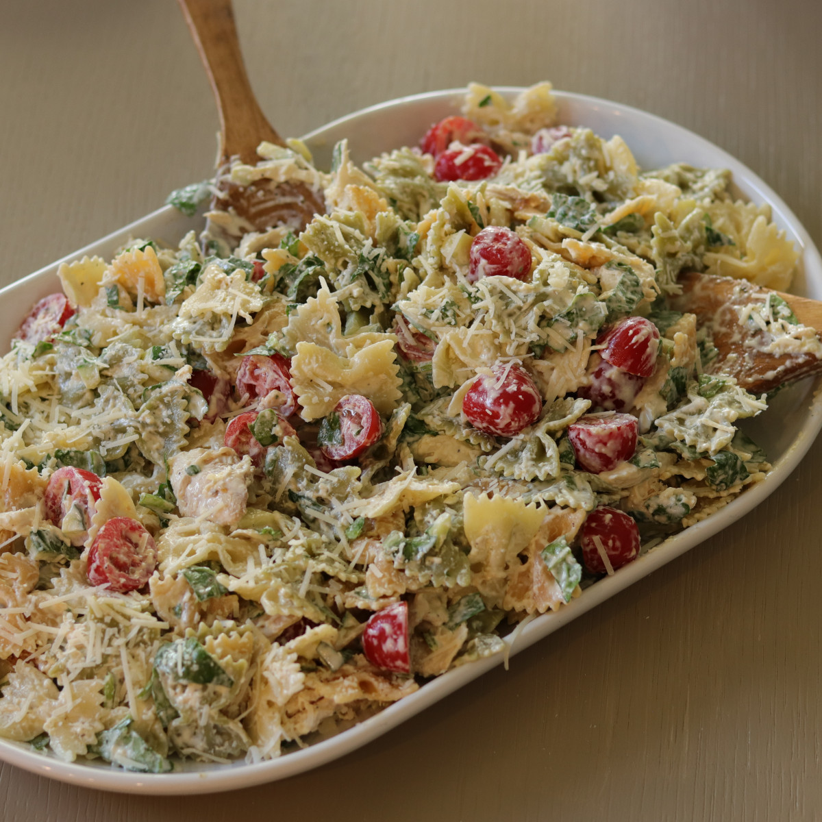 Chicken pasta salad in a serving bowl.